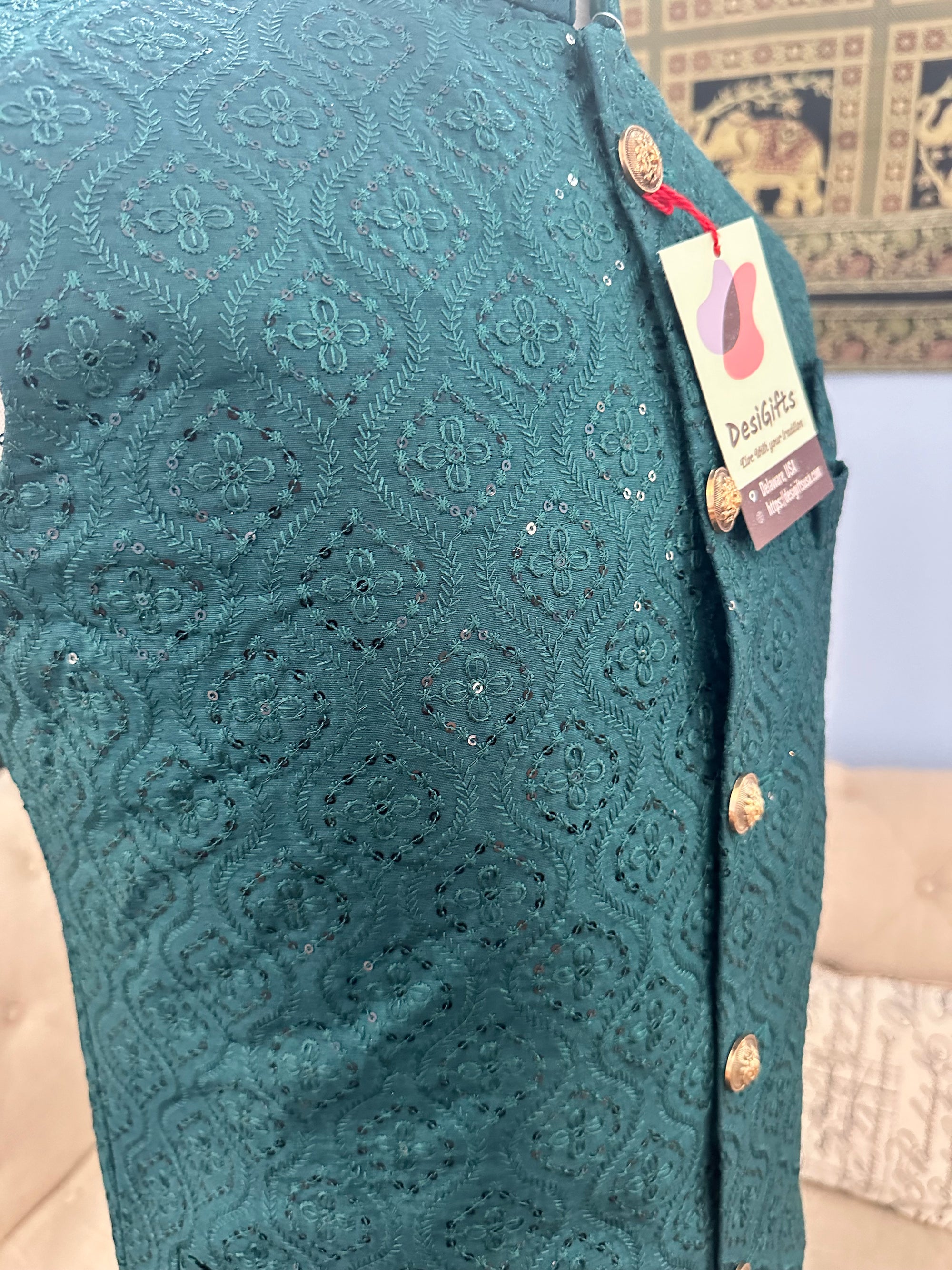 Teal Shade Jacket / Waistcoat / Sadri for Man with Beautiful Embroidery & Sequins, Nehru Jacket, Man's Jacket - 1458