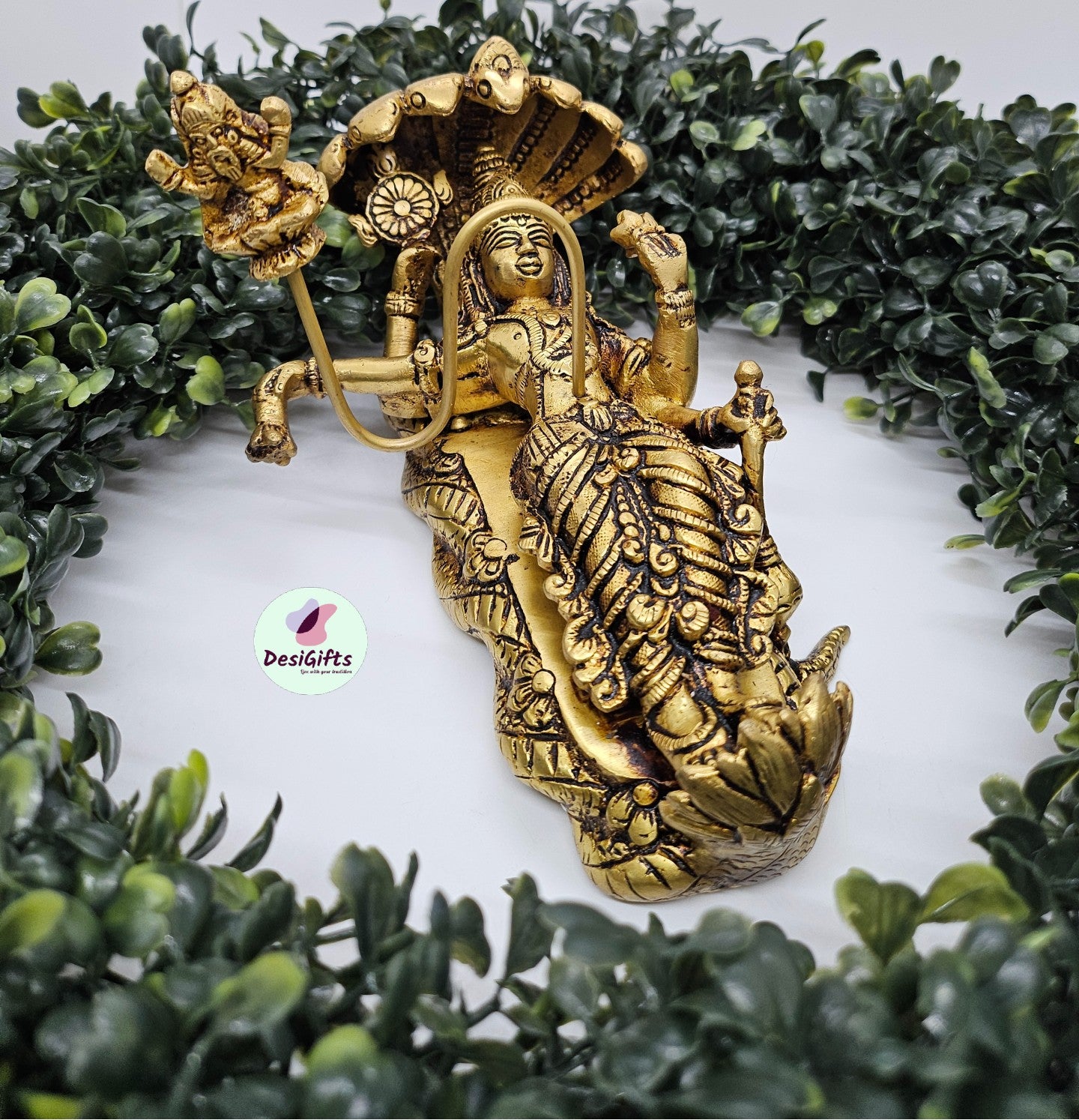 Lord Vishnu Bhagwan Resting on Sheshnag with Lord Brahma, Maha Vishnu Padmanabhaswamy Brass Statue, 7.5" Idol, VL# 1465