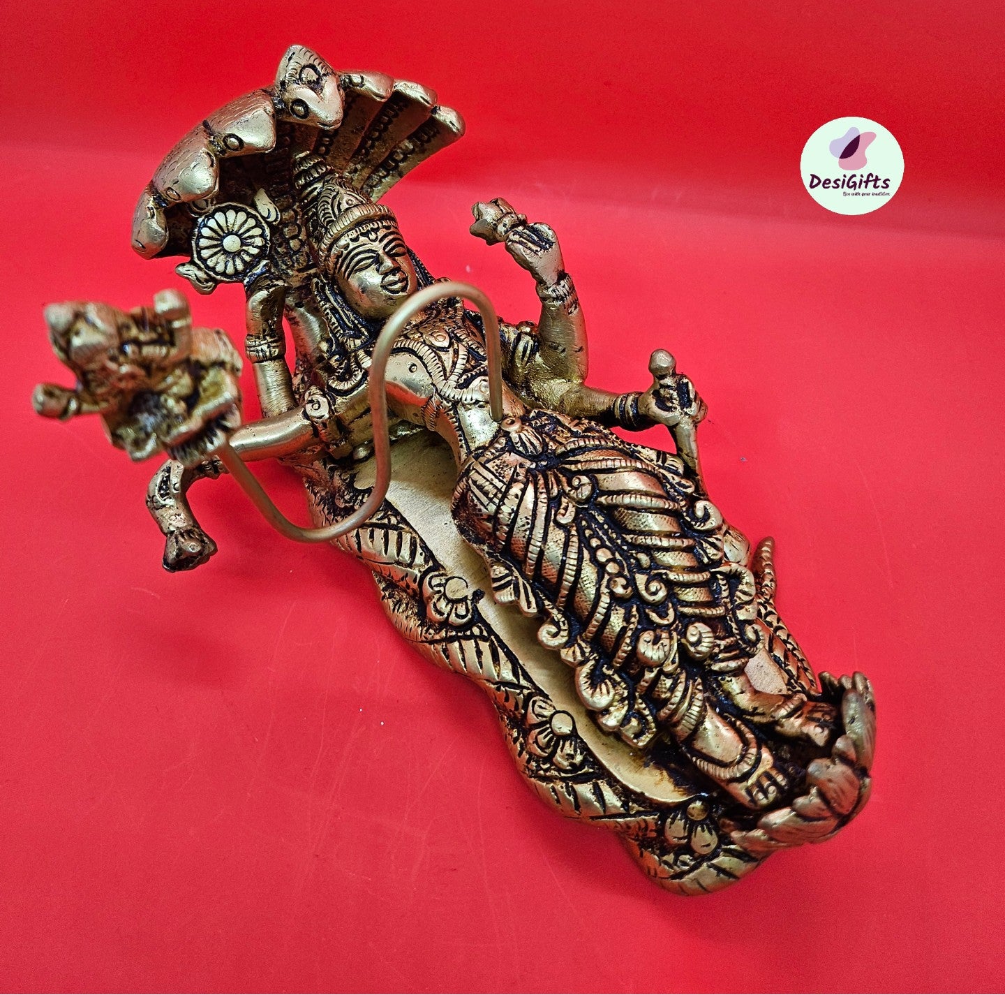 Lord Vishnu Bhagwan Resting on Sheshnag with Lord Brahma, Maha Vishnu Padmanabhaswamy Brass Statue, 7.5" Idol, VL# 1465