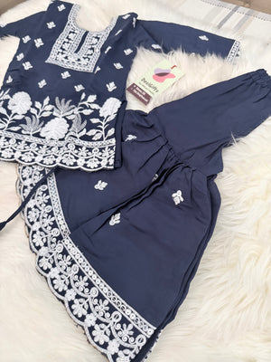 Girls Navy Blue Embroidered Sharara Suit Set with Dupatta, White Thread Work Ethnic Outfit for Kids, Party & Festival Wear, GRL-3001