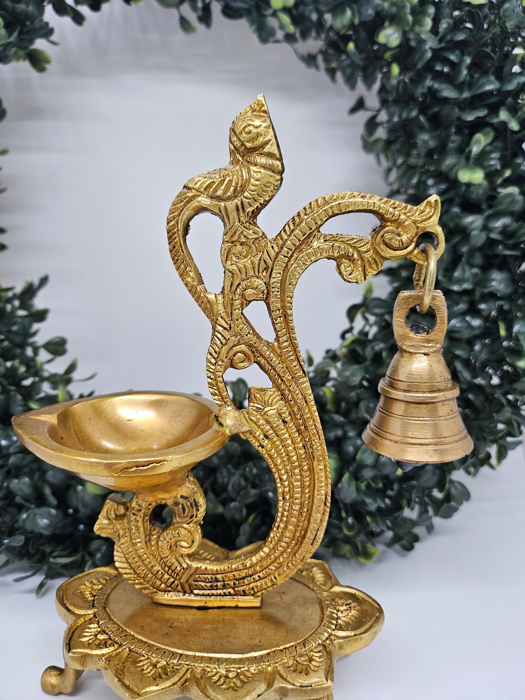 Exquisite Peacock Design Oil Wick Lamp/Diya in Brass, Traditional Indian Handcrafted Deepak ~8" Lamp, DEEP- 1466