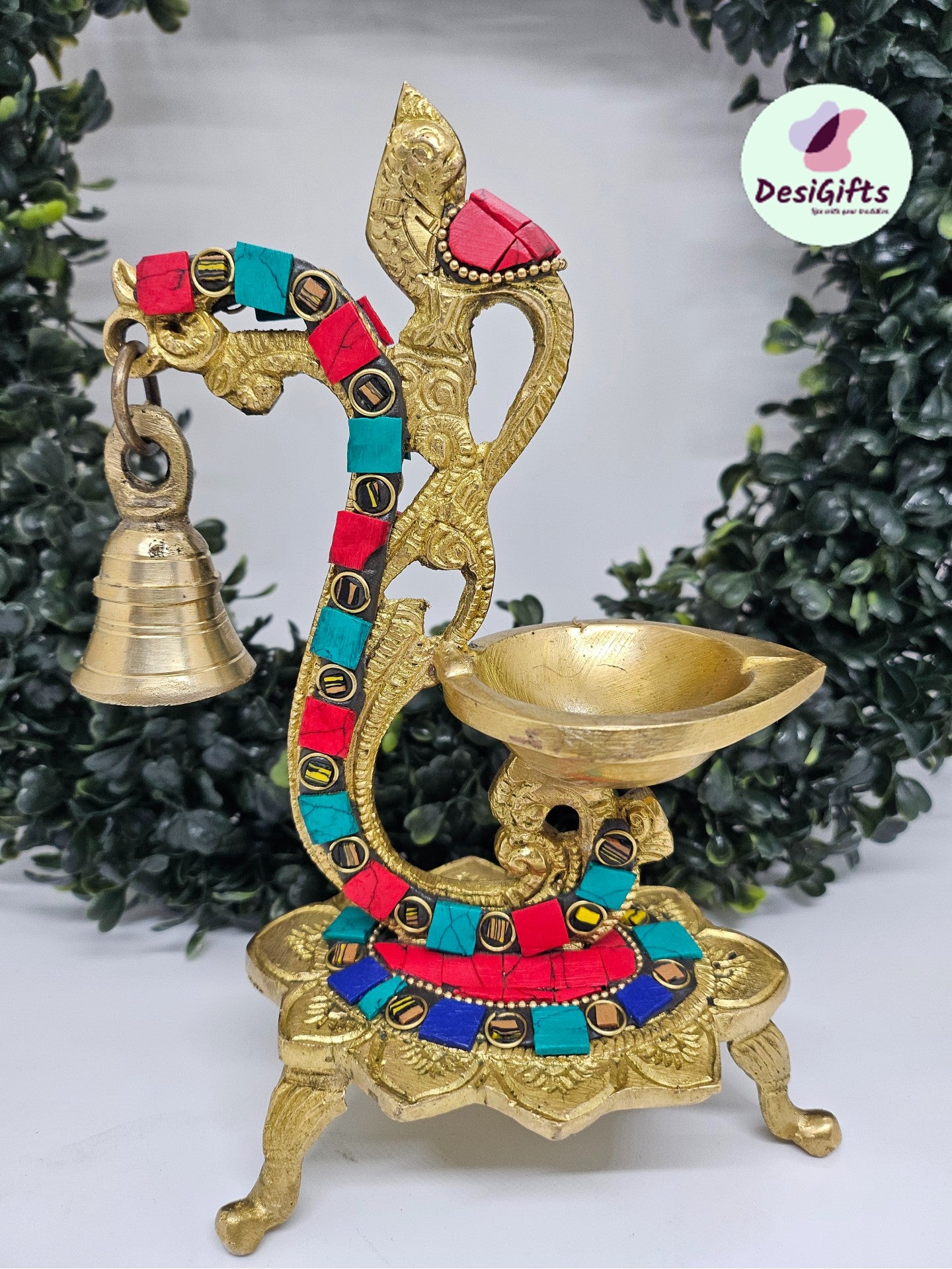 Beautiful Peacock Design Oil Wick Lamp/Diya in Brasst with colored Sone, Traditional Indian Handcrafted Deepak ~8" Lamp, DEEP- 1467