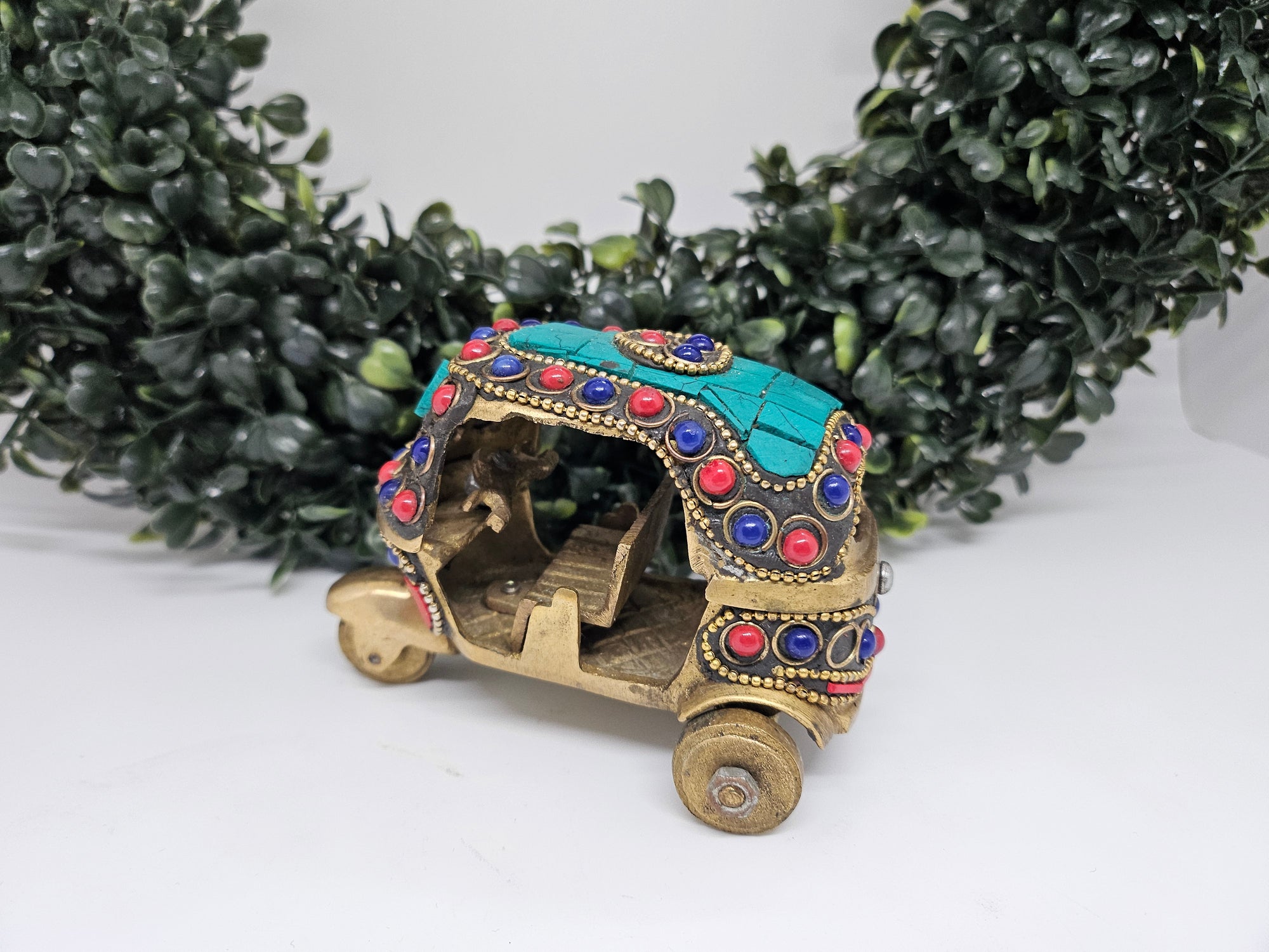 4" Auto Rickshaw in Brass with Stonework, Brass Decorative Auto Showpiece Gift, Auto- 1472