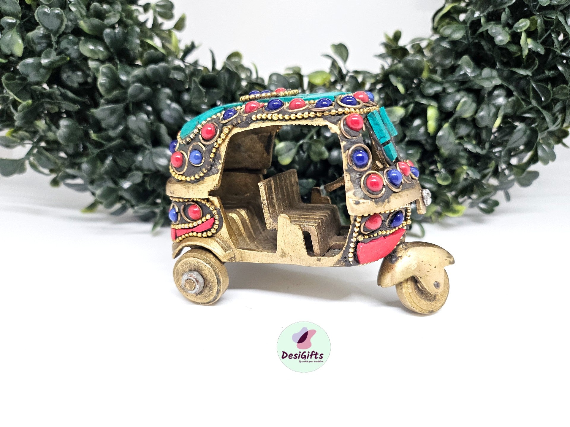 4" Auto Rickshaw in Brass with Stonework, Brass Decorative Auto Showpiece Gift, Auto- 1472