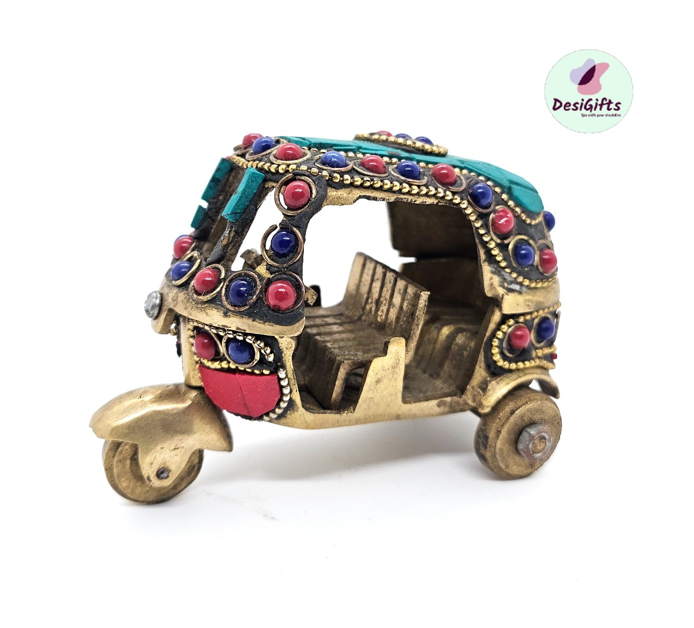 4" Auto Rickshaw in Brass with Stonework, Brass Decorative Auto Showpiece Gift, Auto- 1472