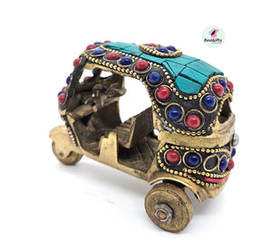 4" Auto Rickshaw in Brass with Stonework, Brass Decorative Auto Showpiece Gift, Auto- 1472