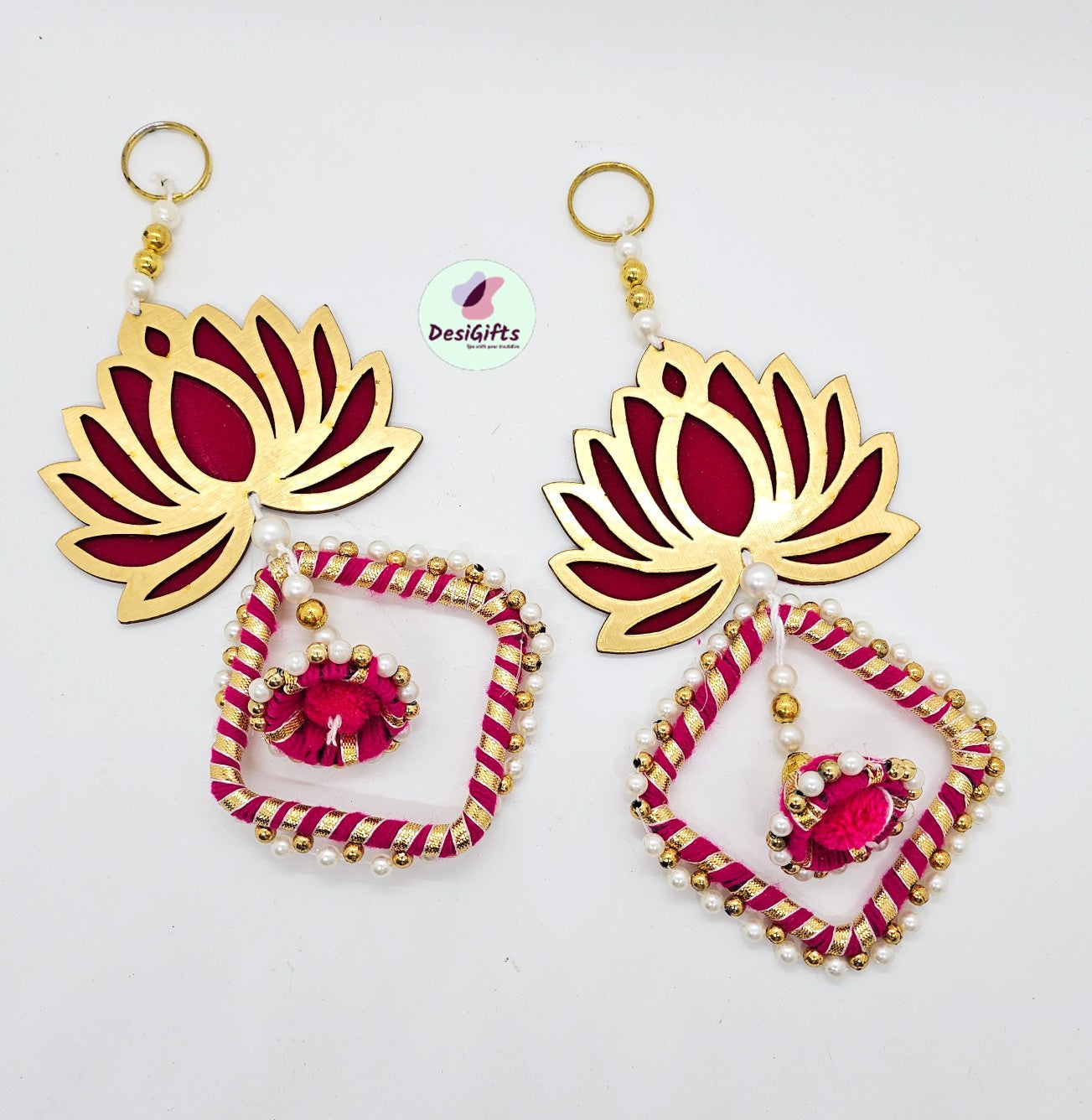 Lotus Flower Ethnic Wall hanging Square Decor, Backdrop Festive Decor, Set of 2, ~8" Length, HDR - 1481