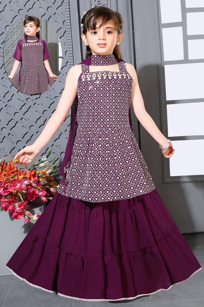 Elegant Georgette Sharara Suit Dress for Girl, Indian Ethnic Outfit for Girl, GRL - 1485