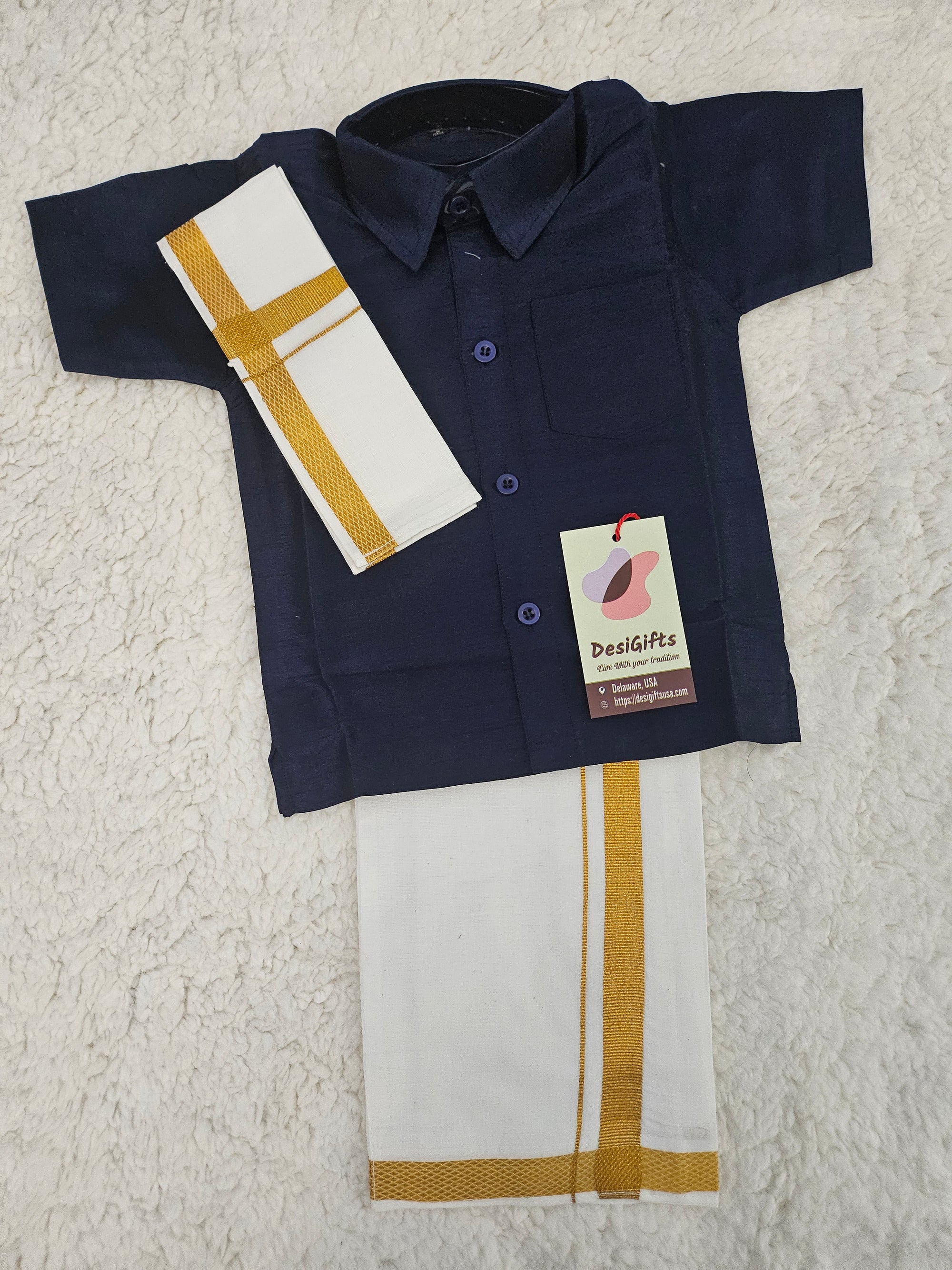 South Indian Kids Dhoti & Shirt With Mundu, 3 Piece Set- Design# B-Navy-1486