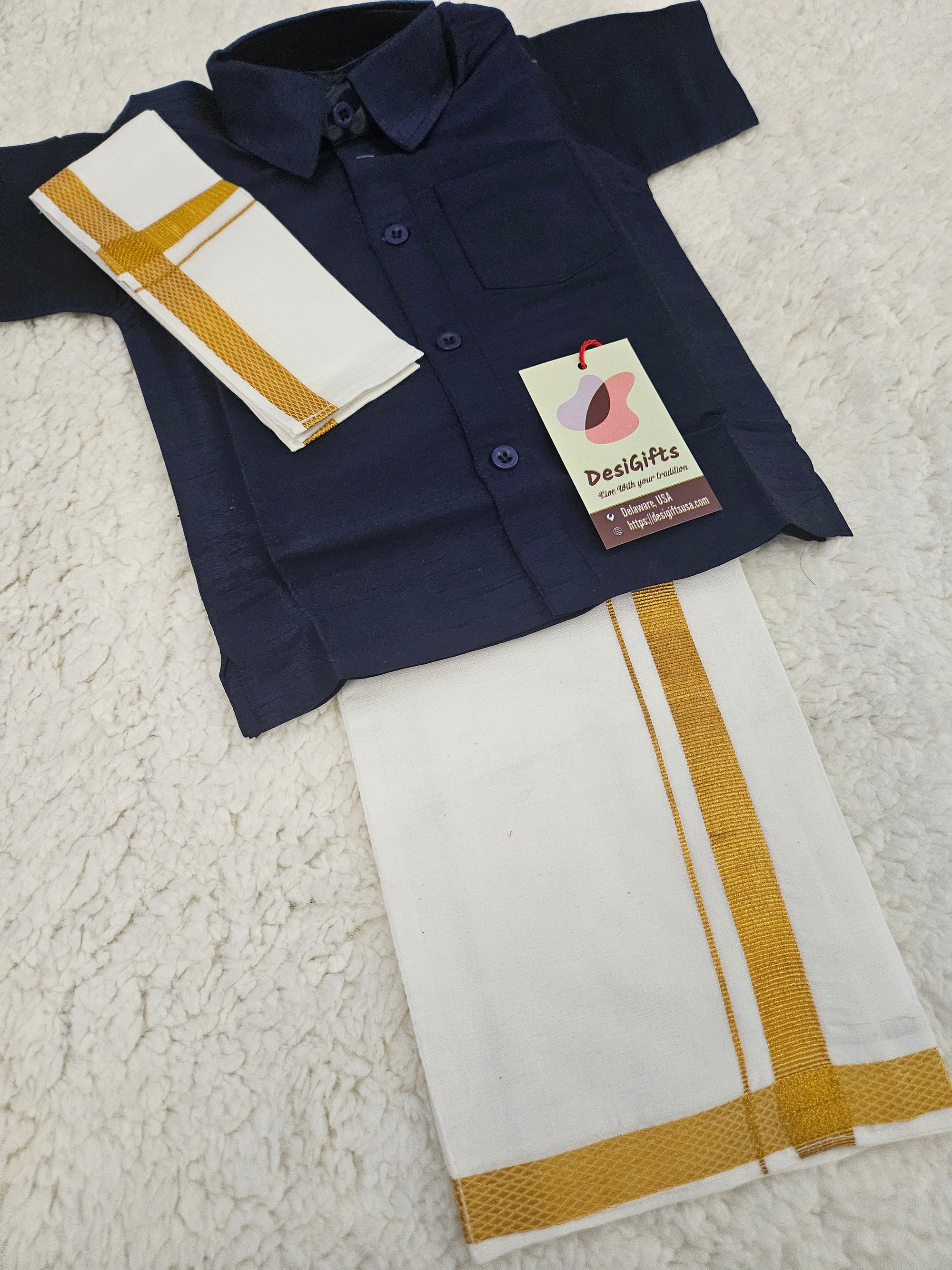 South Indian Kids Dhoti & Shirt With Mundu, 3 Piece Set- Design# B-Navy-1486