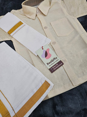 South Indian Kids Dhoti & Shirt With Mundu, 3 Piece Set- Design# B-GCream-1487