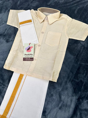 South Indian Kids Dhoti & Shirt With Mundu, 3 Piece Set- Design# B-GCream-1487