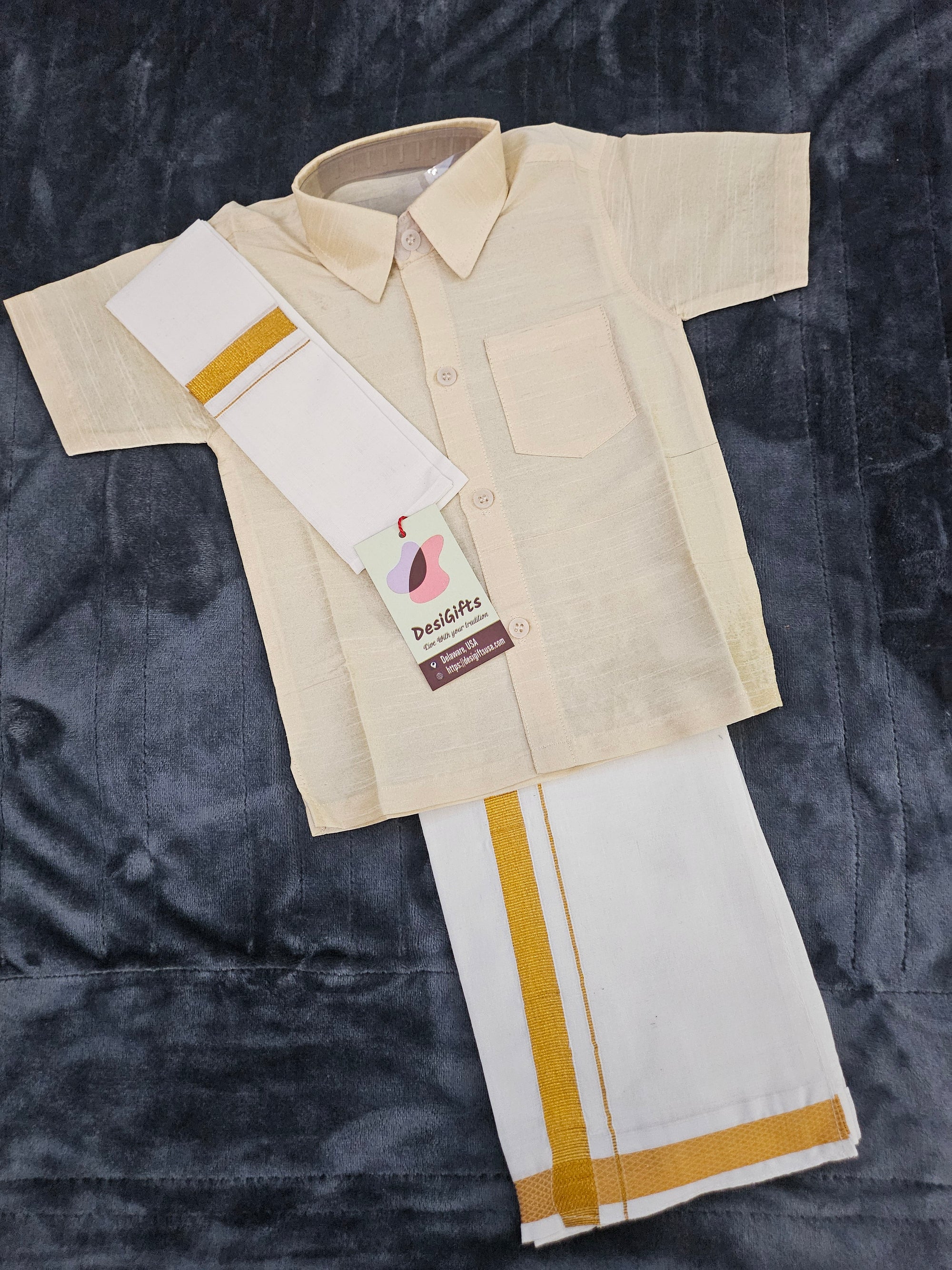 South Indian Kids Dhoti & Shirt With Mundu, 3 Piece Set- Design# B-GCream-1487