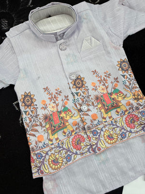Boys Light Lavender Kurta Pajama with with Elephant Print Nehru Jacket | 3-Piece Indian Ethnic Outfit – Festive Ethnic Wear,- Design B-4034
