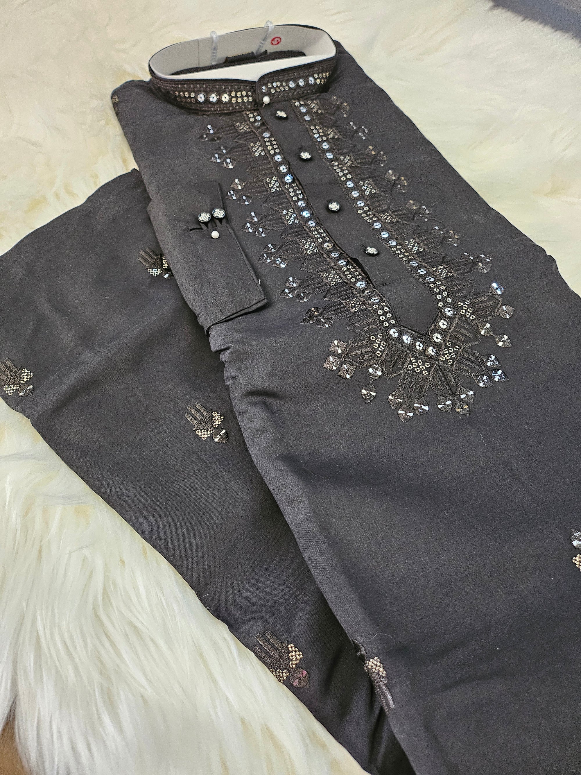 Black Embroidered with Sequins Neck Work Partywear 2 Piece Kurta Pajama Set for Man, KP - 1494