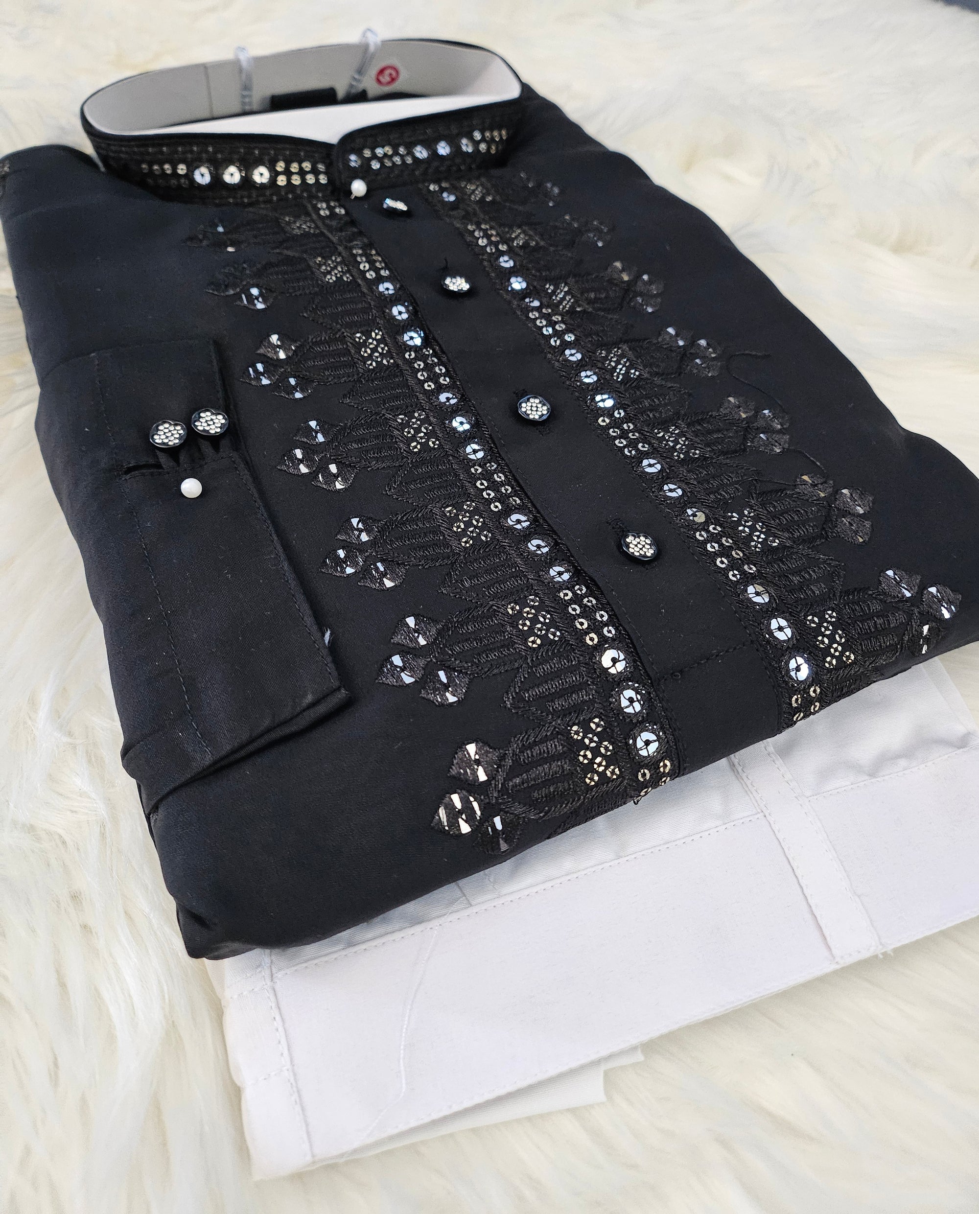 Black Embroidered with Sequins Neck Work Partywear 2 Piece Kurta Pajama Set for Man, KP - 1494