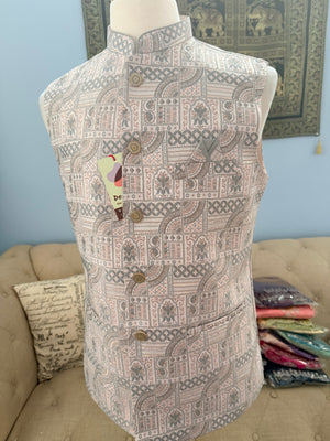 Men’s Light Blush Pink with Gray Woven Design Brocade Nehru Jacket – Indian Wedding Waistcoat, Festive Ethnic Modi Jacket, J-3076