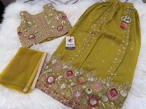 Girls Mustard  Yellow Zari Embroidered Lehenga Choli Set with Dupatta, Traditional Indian Ethnic Wear for Kids, Wedding & Festival Outfit, GRL-3070