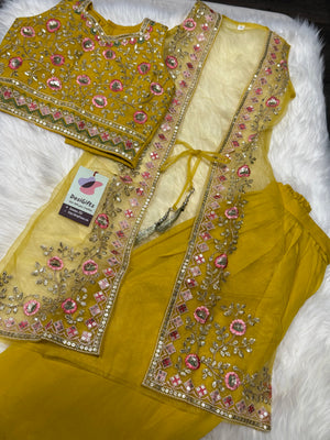 Yellow Shade Lehnga Choli in Sari Style, Half Sari, , Indian traditional festive outfit for Princess, Girl Design GRL - 1943