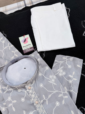Men’s Light Gray Embroidered Kurta Pajama Set with with White Floral Embroidery, Sequins Work, Indian Ethnic Wear, KPS-3008