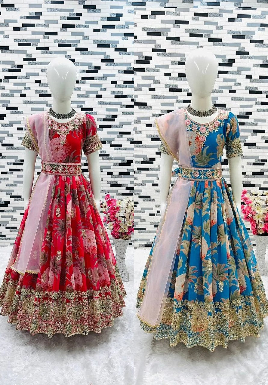 Red and Sky Blue Shade Girl Beautiful Gown with Digital Print Embroidery and Sequins Work, Design GRL # 1500