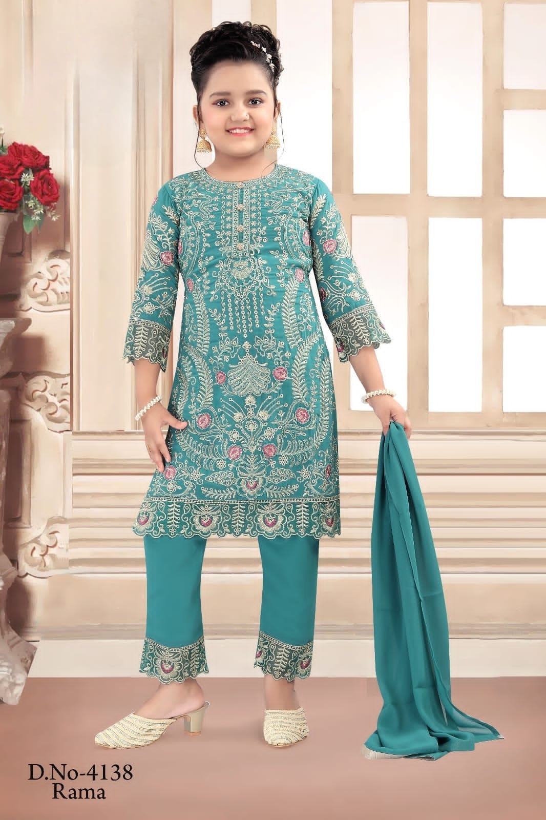 Elegant 3 Piece Kurti Set with Exquisitely Embroidered Girl's Dress, Design G-1551