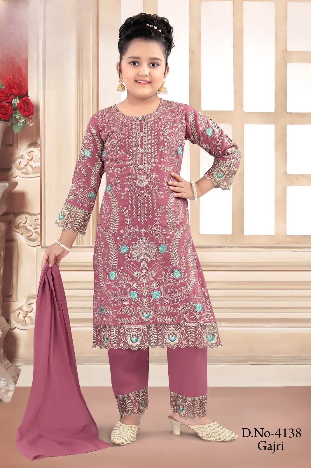 Elegant 3 Piece Kurti Set with Exquisitely Embroidered Girl's Dress, Design G-1552