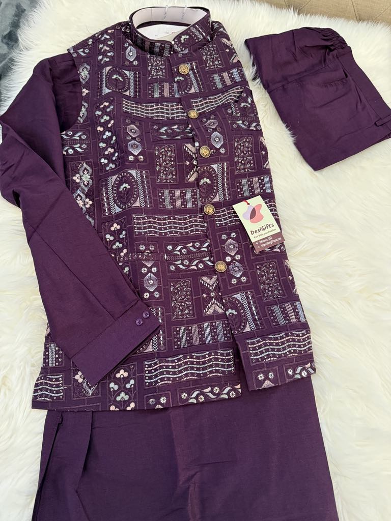 Purple Shade 3 Piece Kurta Pajama, Pant Style, with Embroidered Jacket Set-Silk Fabric, TPKP- 1513