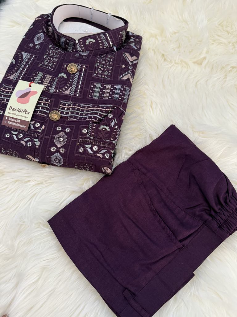 Purple Shade 3 Piece Kurta Pajama, Pant Style, with Embroidered Jacket Set-Silk Fabric, TPKP- 1513