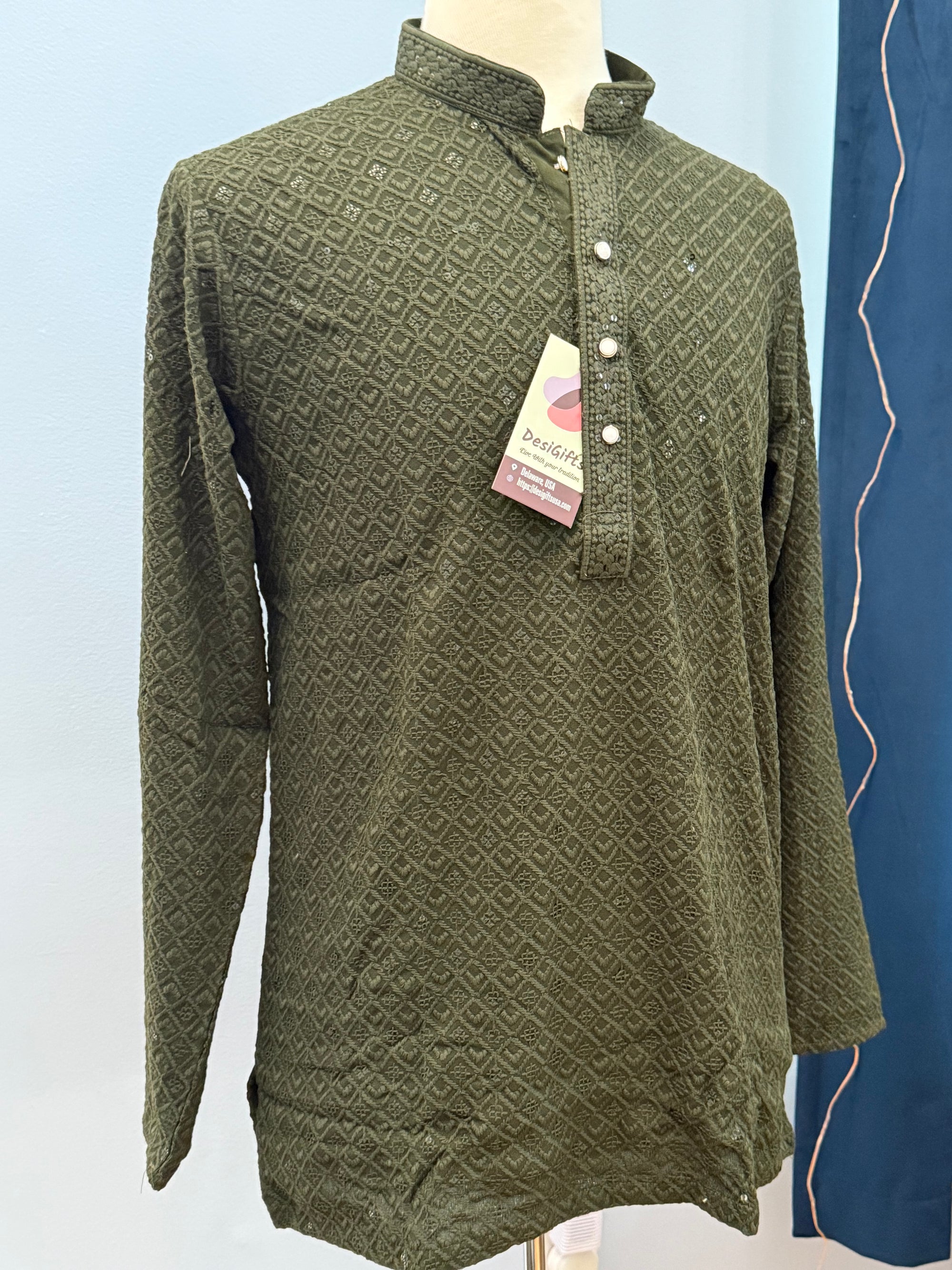 Shirt-Style Henna Green Chikankari Short Kurta with Sequins – Ethnic Casual Kurta-Design SK - 1932