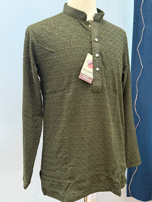 Shirt-Style Henna Green Chikankari Short Kurta with Sequins – Ethnic Casual Kurta-Design SK - 1932