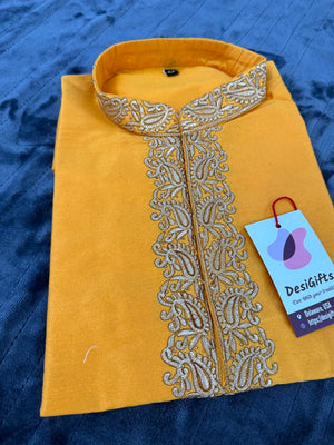 Full Sleeve Short Kurta in Yellow Shade-Silk Design SK - 1517