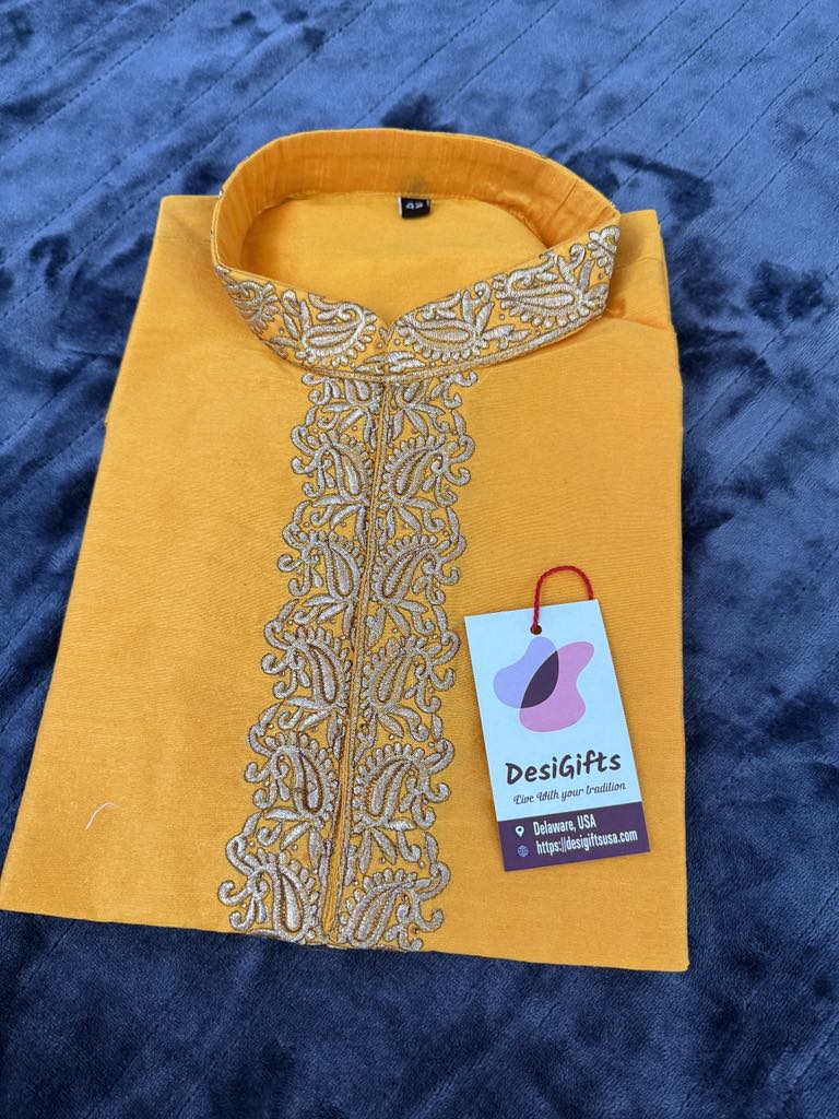 Full Sleeve Short Kurta in Yellow Shade-Silk Design SK - 1517