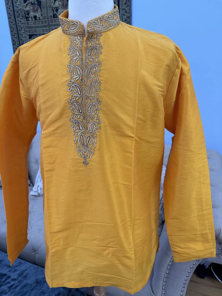 Full Sleeve Short Kurta in Yellow Shade-Silk Design SK - 1517B