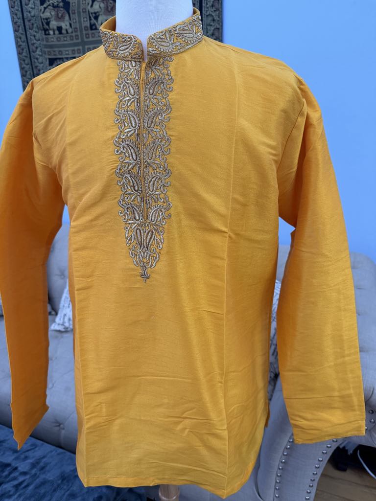 Full Sleeve Short Kurta in Yellow Shade-Silk Design SK - 1517