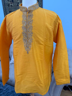 Full Sleeve Short Kurta in Yellow Shade-Silk Design SK - 1517