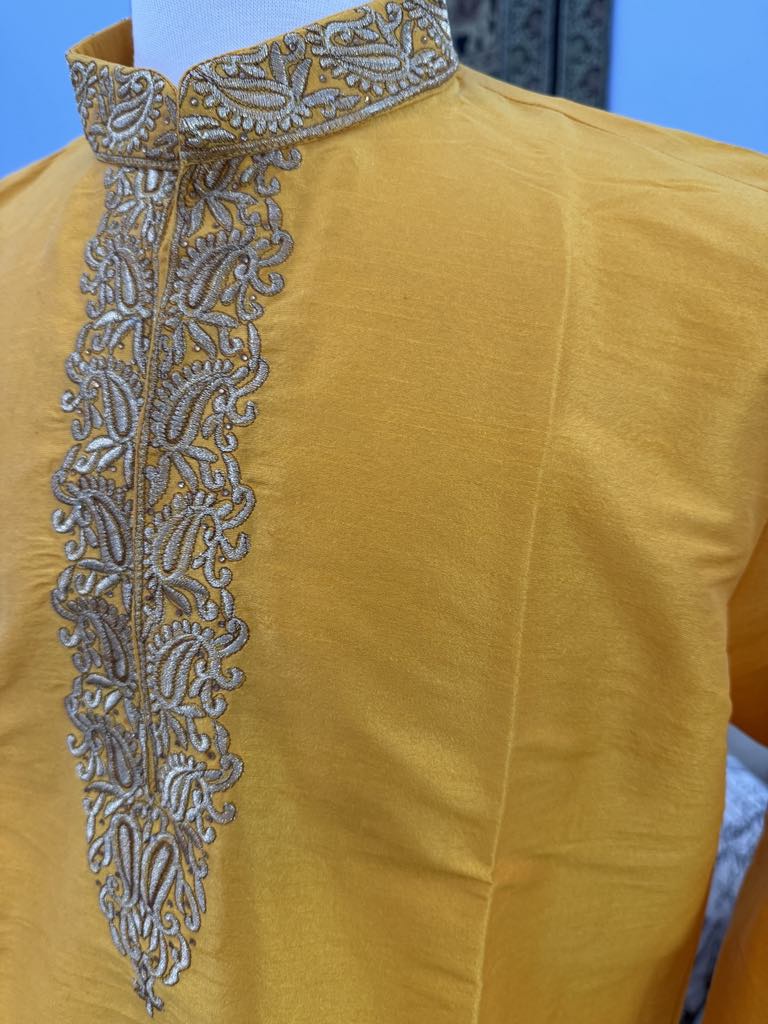 Full Sleeve Short Kurta in Yellow Shade-Silk Design SK - 1517