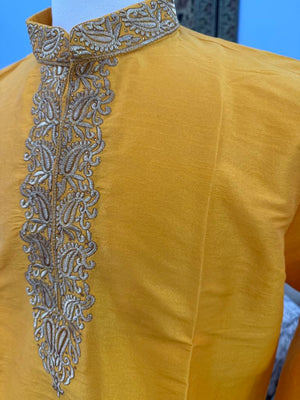 Full Sleeve Short Kurta in Yellow Shade-Silk Design SK - 1517