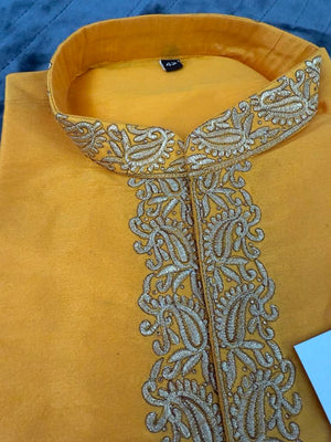 Full Sleeve Short Kurta in Yellow Shade-Silk Design SK - 1517