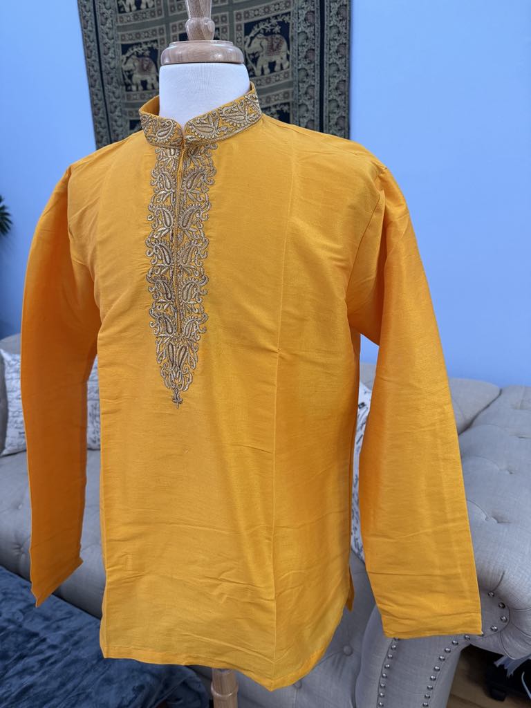 Full Sleeve Short Kurta in Yellow Shade-Silk Design SK - 1517