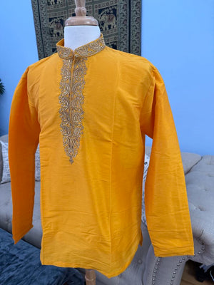 Full Sleeve Short Kurta in Yellow Shade-Silk Design SK - 1517