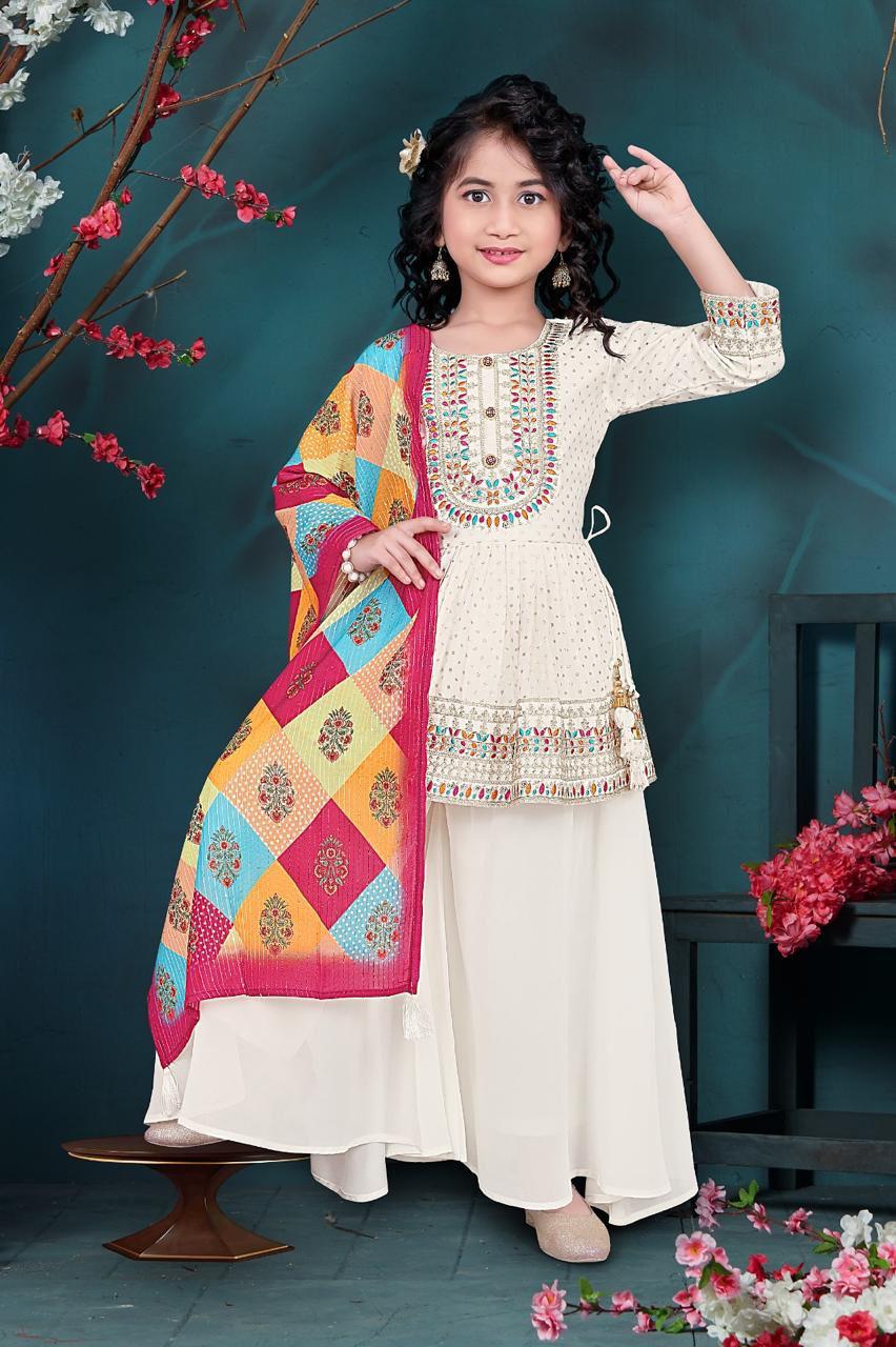 Classy Embroidered Kurta Palazzo & Dupatta Set for Girl, Indian traditional Girl Dress, GRL - 1560