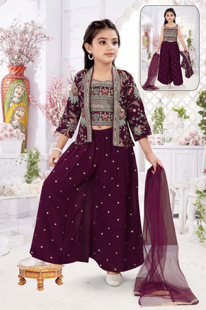 Classy Embroidered Top with Jacket, Palazzo & Dupatta Set for Girl in Burgundy Shade, Indian traditional Girl Dress, GRL - 1561