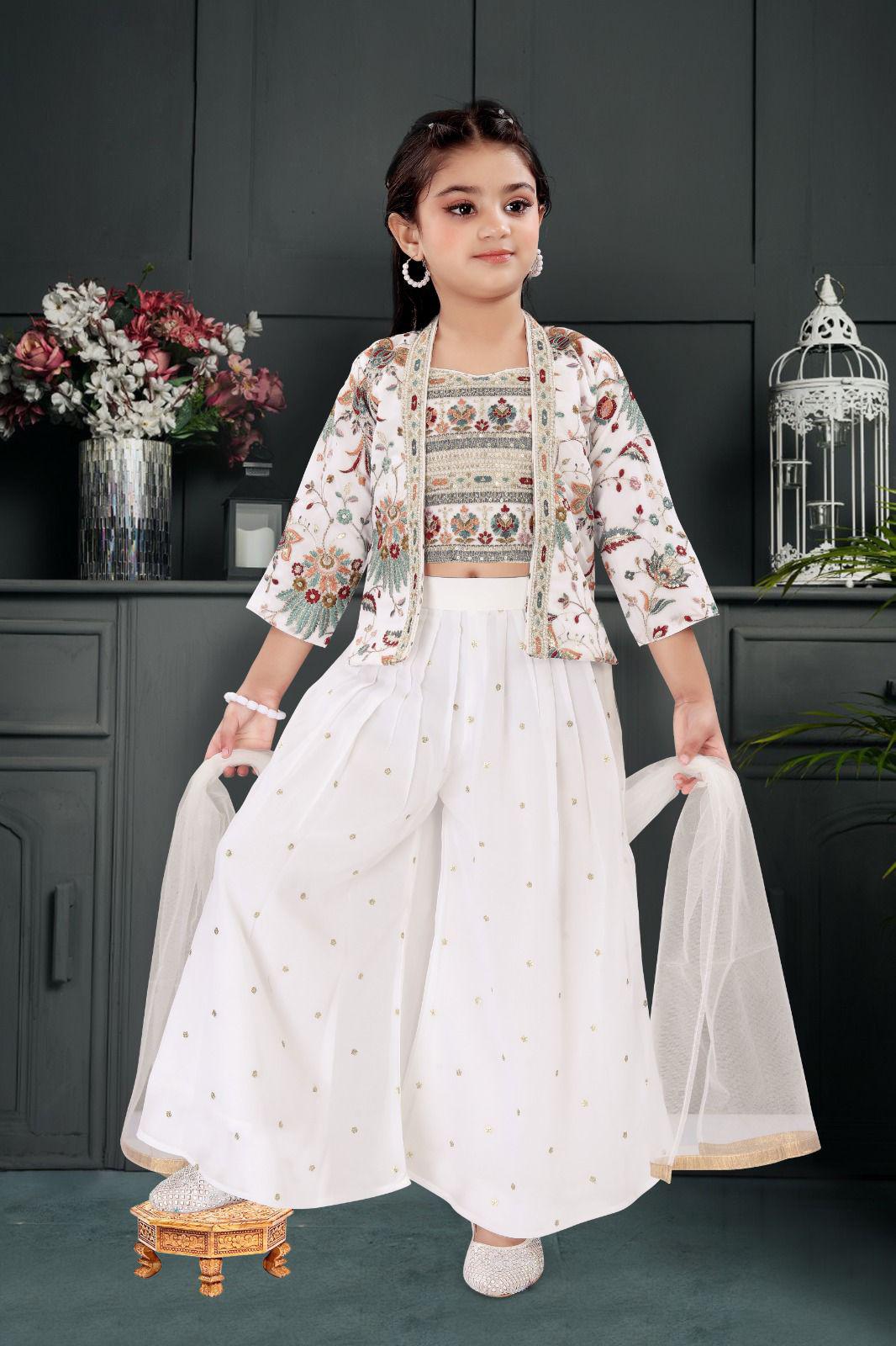 white christmas dresses Size 38, Classy Embroidered Top with Jacket, Palazzo & Dupatta Set for Girl in Cream Shade, Indian Traditional Girl Dress, Grl