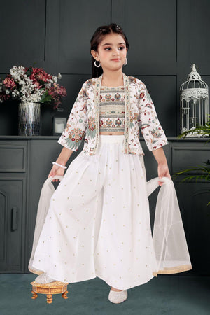 Classy Embroidered Top with Jacket, Palazzo & Dupatta Set for Girl in Cream Shade, Indian traditional Girl Dress, GRL - 1562