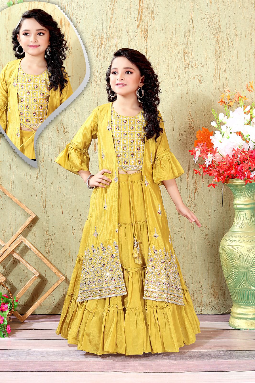 Elegant Lehnga Choli with Long Jacket, Indian traditional festive outfit for Princess in yellow Shade, Girl Design GRL - 1571