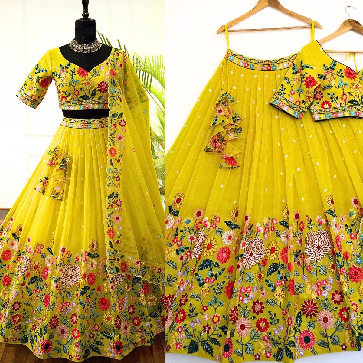 Yellow Georgette with Heavy Embroidery & Sequins Lehenga Choli 3 Pieces Ethnic Wear for Girls, Design LHG - 1529