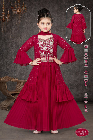 Festive Lehnga Choli with Jacket, Indian traditional festive outfit for Princess in Apple Red Shade, Girl Design GRL - 1569