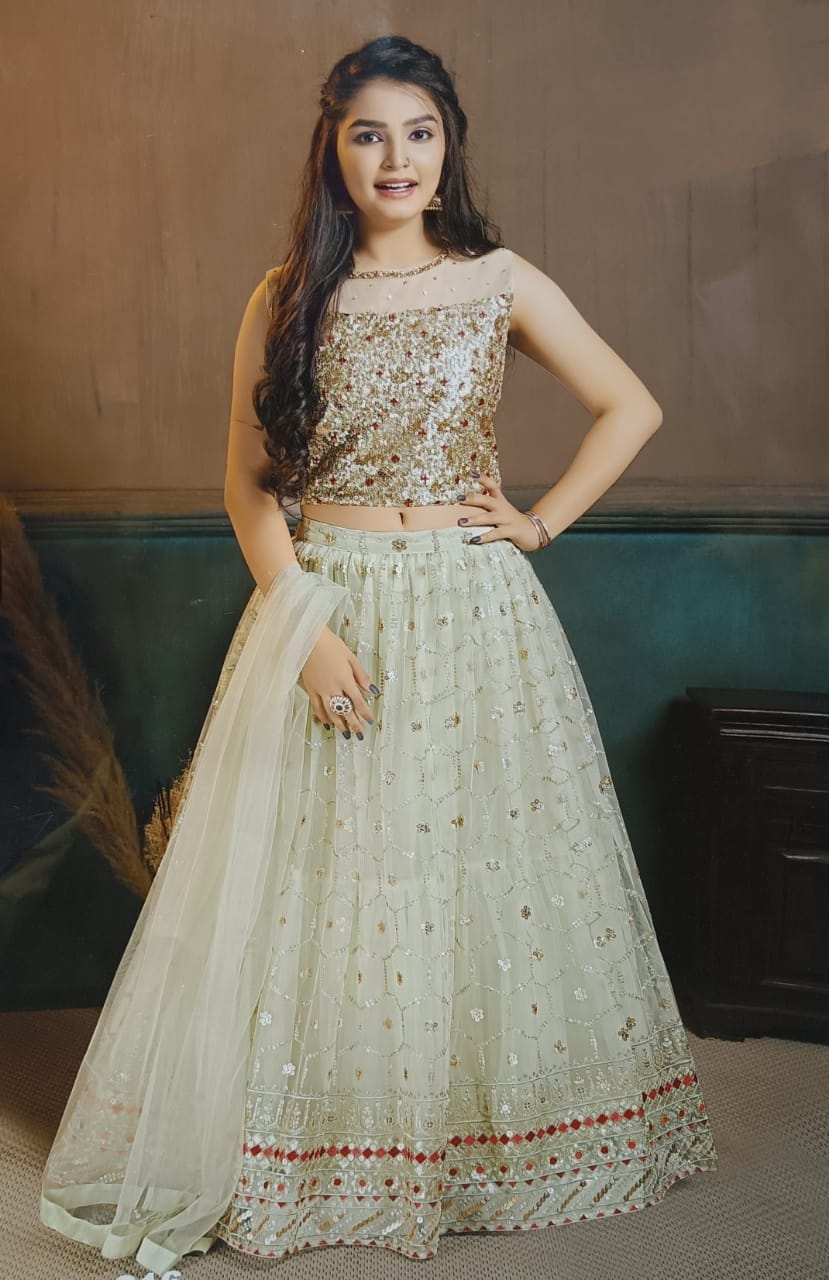 Classy Cream Sequins Lehnga Choli, Indian traditional festive outfit for Princess, Girl Design GRL - 1564