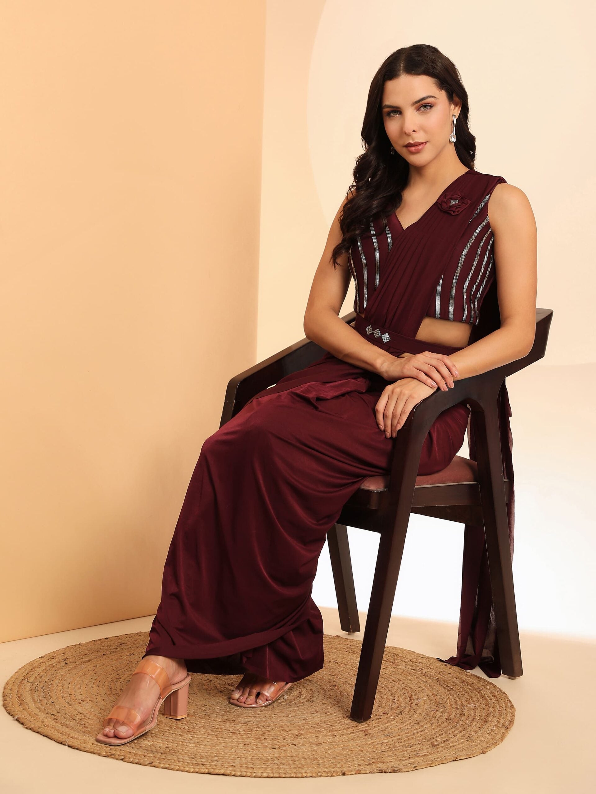 Wine Shade Readymade Pre-Stitched Saree with Blouse, Ready to wear Saree, Indian Ethnic Sari, GRL -1537